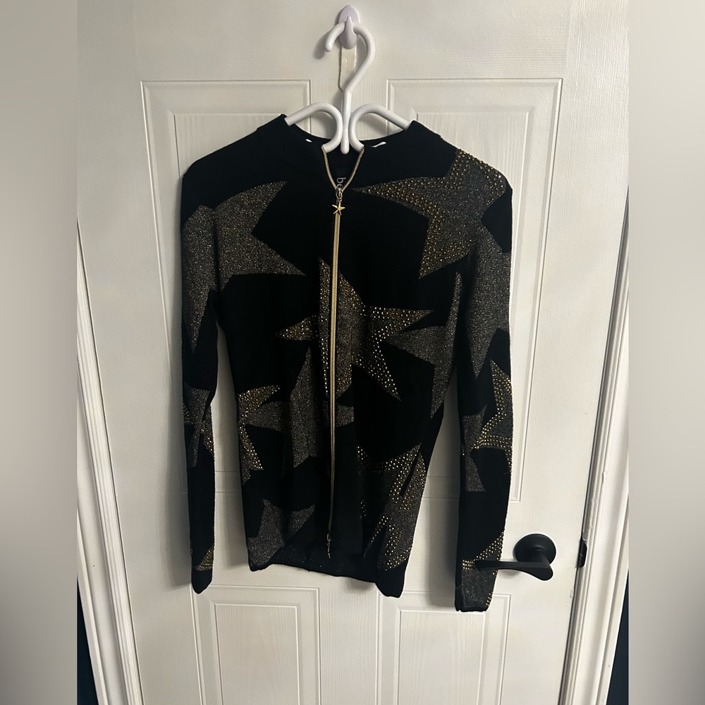 Berek black zip up sweater with gold star detail